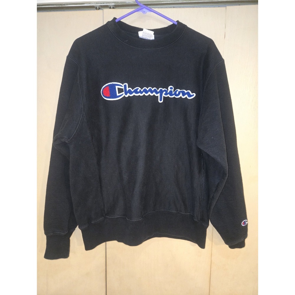 Champion Reverse Weave crewneck sweatshirt in black featuring large embroidered - Picture 1 of 7